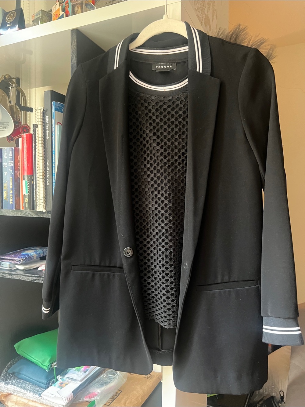 Trouve Black Crochet Mesh Short Sleeve Tee with Striped Neckline and Jacket Set